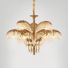 Brass Palm Leaf Crystal Chandelier