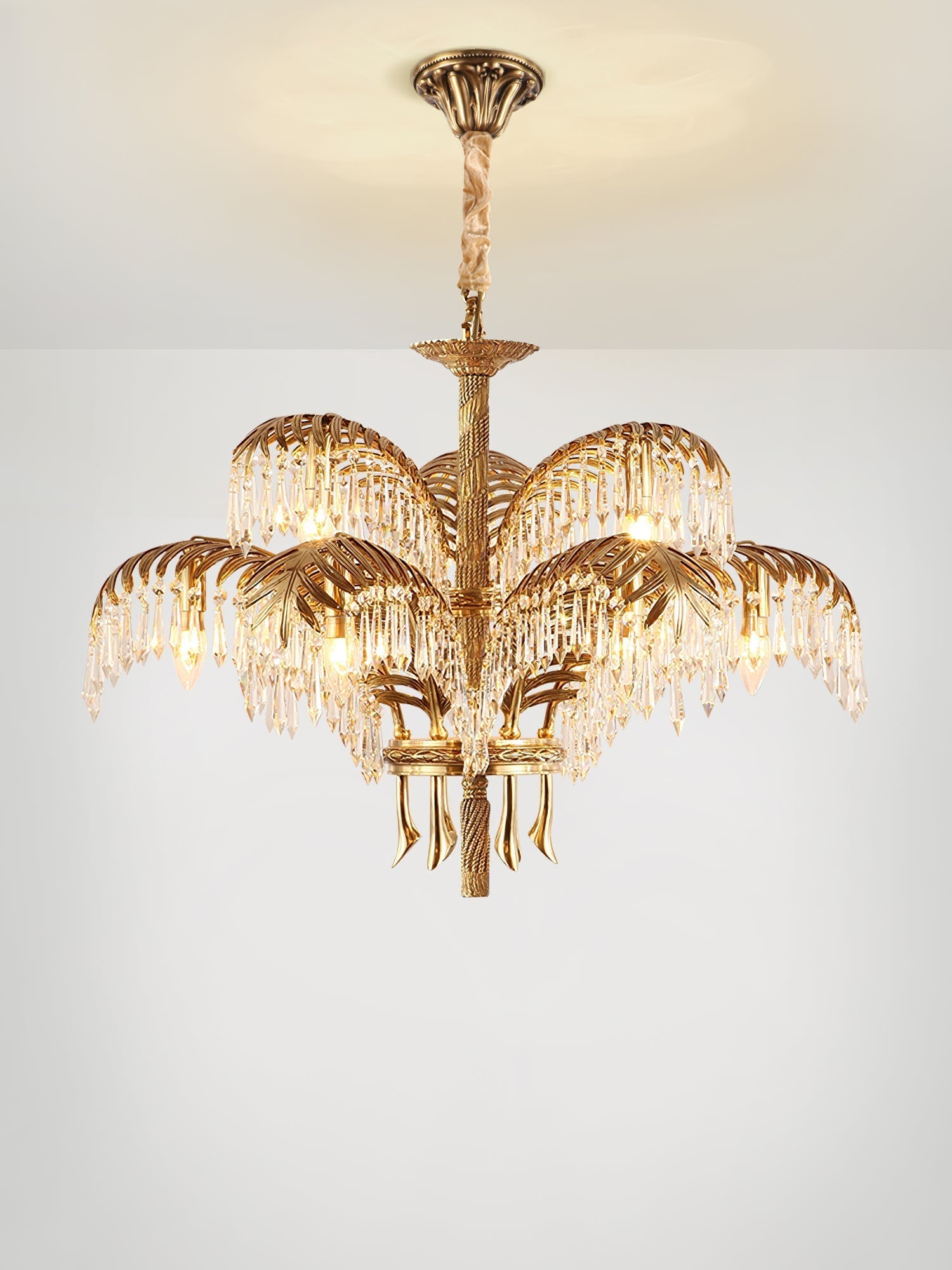 Brass Palm Leaf Crystal Chandelier